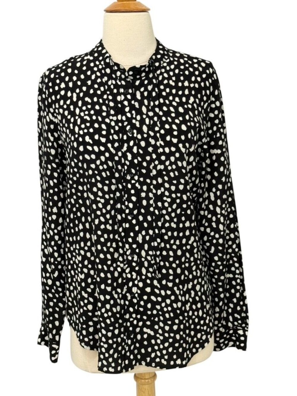 Anine Bing Women's 100% Silk Blouse Black White Tie Neck Button Down Work Size M